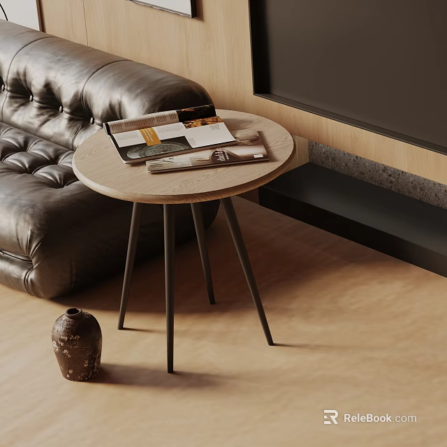 Modern Living Room Interior With Wooden Top Side Table And Leather Sofa Magazines 3d model 