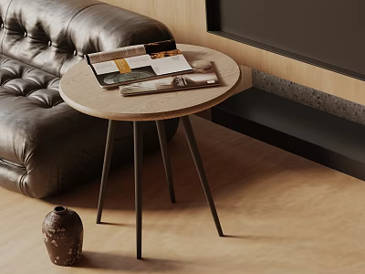 Modern Living Room Interior With Wooden Top Side Table And Leather Sofa Magazines 3d model