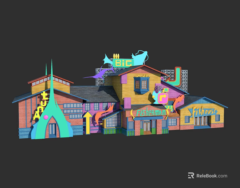 Vibrant Cartoon Scene With Colorful Buildings Playful Roofs And Decorative Elements 3d model 