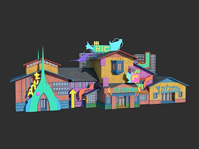 Vibrant Cartoon Scene With Colorful Buildings Playful Roofs And Decorative Elements 3d model