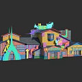 Vibrant Cartoon Scene With Colorful Buildings Playful Roofs And Decorative Elements