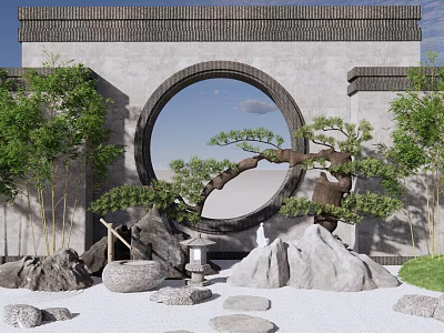 Traditional Chinese Garden Wall with Circular Opening Pine Tree Bamboo Rocks and Gravel 3d model