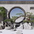 Traditional Chinese Garden Wall with Circular Opening Pine Tree Bamboo Rocks and Gravel