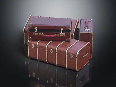 Brown Leather Suitcases In Various Sizes With Metal Locks And Decorative Edges 3d model