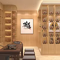 Traditional Chinese Tea House Interior With Wooden Decor Display Shelves And Calligraphy Art