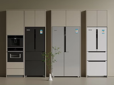 Modern Kitchen Refrigerator Cabinets in Black Silver and White with Oven Coffee Machine 3d model