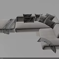 Modern Sectional Sofa Beige Linen Upholstered With Gray Throw Pillows And Blankets 3d model