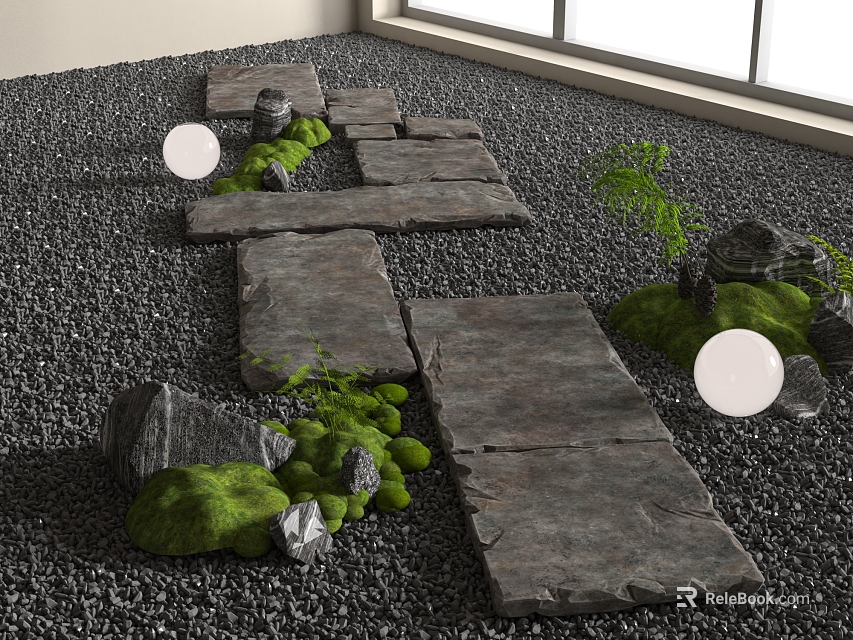 Small Garden Landscape With Stone Path Gravel Ground Moss Small Plants And Round Lights 3d model 