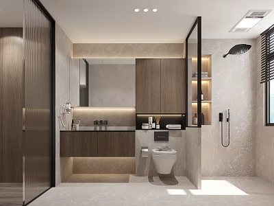 Modern Bathroom Interior With Glass Shower Vanity Mirror And Wooden Cabinets 3d model