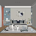 Children's Bedroom Interior With Moon Wall Decor Bed Desk Chair Toys And Carpet