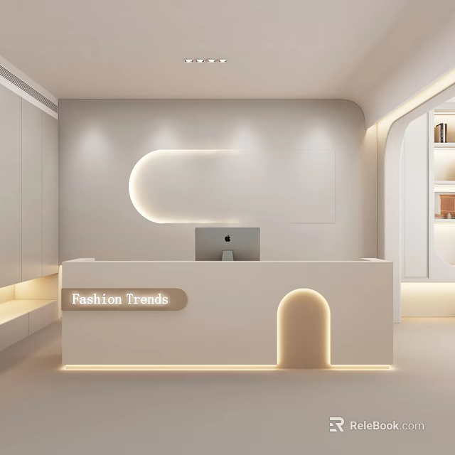 Elegant Modern White Store Front Desk With Curved Design Desktop Computer And Bookshelf Lighting 3d model 