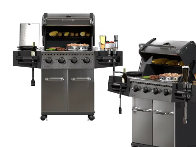 Stainless Steel Outdoor Gas Grills With Food Items And Condiments On Wheels 3d model