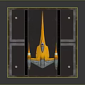 Yellow and Blue Spaceship Parked on Black Platform With Gray Stripes and White Dots