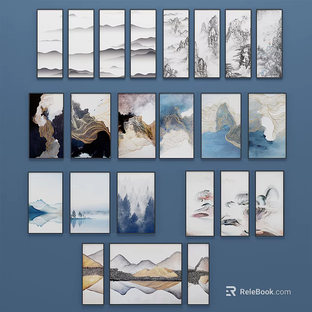 Chinese Landscape Style Decorative Wall Art With Various Designs And Colors On Blue Background 3d model 