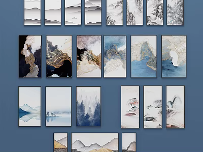 Chinese Landscape Style Decorative Wall Art With Various Designs And Colors On Blue Background 3d model
