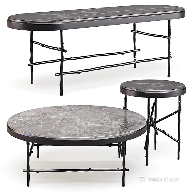 Modern Marble Coffee Table with Black Metal Frame Round and Oval Designs 3d model 