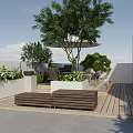 Modern Roof Garden With Rattan Furniture Large Umbrella And Green Plants