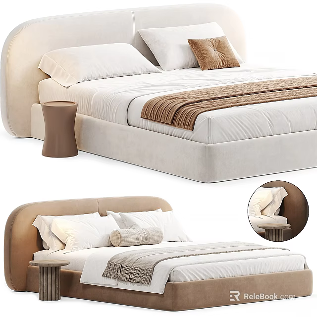 Modern Double Bed Interior With Beige Headboard White Sheets And Brown Throw Pillows 3d model 