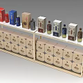 Display Shelf with Various Wine Bottles and Patterned Packaging Boxes Neatly Arranged for Retail Showcase 3d model