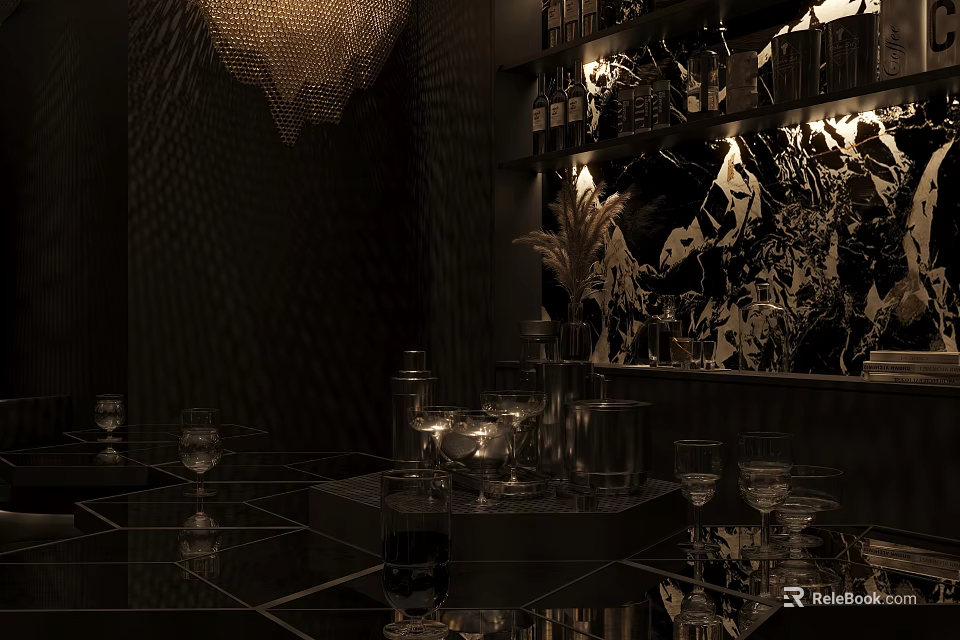 Dark Elegant Bar Interior With Chandelier Illuminated Wine Shelves Glassware And Marble Decor Accents 3d model 