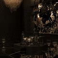 Dark Elegant Bar Interior With Chandelier Illuminated Wine Shelves Glassware And Marble Decor Accents
