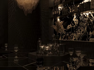 Dark Elegant Bar Interior With Chandelier Illuminated Wine Shelves Glassware And Marble Decor Accents 3d model