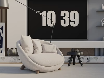 Modern Minimalist Beige Accent Chair With Plush Cushions And Wooden Legs Plus Black Side Table 3d model