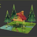 Wooden Cabin with Red Roof Chimney Surrounded by Green Pine Trees Pond and Pathway