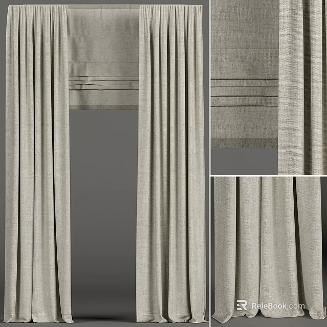 Elegant Beige Linen Curtains With Vertical Stripes And Pleated Top Design 3d model 