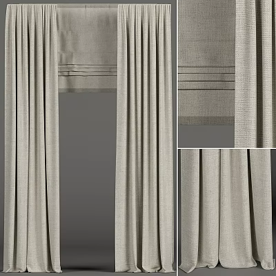 Elegant Beige Linen Curtains With Vertical Stripes And Pleated Top Design 3d model