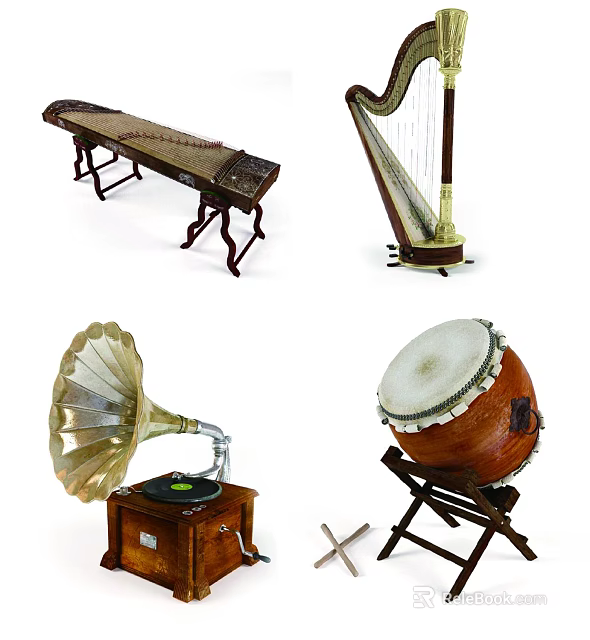 Traditional Musical Instruments Collection Featuring Zither Harp Gramophone And Drum 3d model 
