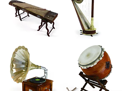 Traditional Musical Instruments Collection Featuring Zither Harp Gramophone And Drum 3d model