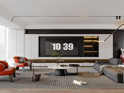 Modern Living Room Interior With Large Screen TV Orange Armchairs Grey Sofa And Coffee Table 3d model