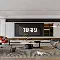 Modern Living Room Interior With Large Screen TV Orange Armchairs Grey Sofa And Coffee Table
