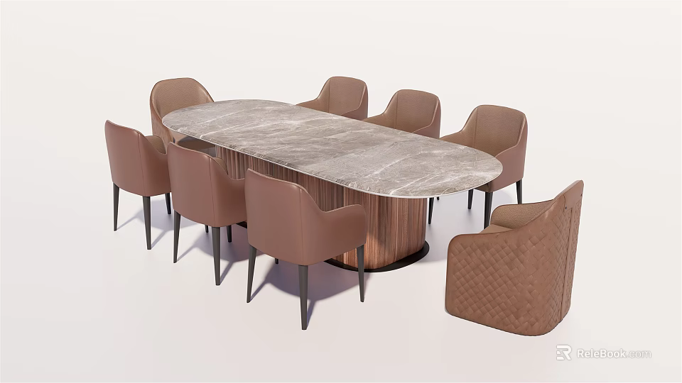 Elegant Modern Dining Table Set With Oval Marble Top And Eight Brown Chairs 3d model