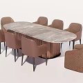Elegant Modern Dining Table Set With Oval Marble Top And Eight Brown Chairs 3d model
