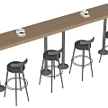 Light Wood Bar Table With Black High Stools And Two Coffee Cups 3d model