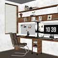 Modern Study Room Interior With Wooden Shelves Desk Brown Leather Chair And Window Blinds