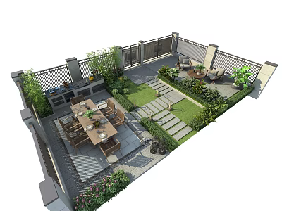 Courtyard Garden With Outdoor Dining Area Tables Chairs Green Plants Stone Pathways And Lawn 3d model