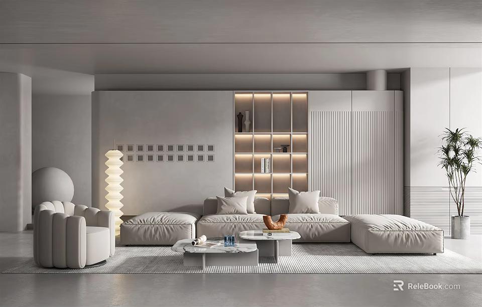 Modern Minimalist Living Room Interior With Light Gray L Shaped Sofa Floor Lamp And Lit Bookshelf 3d model 