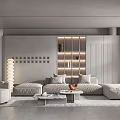 Modern Minimalist Living Room Interior With Light Gray L Shaped Sofa Floor Lamp And Lit Bookshelf