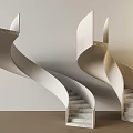 Dual Spiral Staircases With Marble Steps Against Light Wall And Wooden Floor