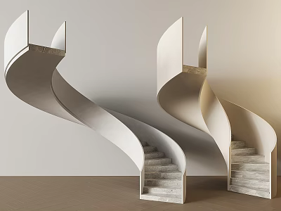 Dual Spiral Staircases With Marble Steps Against Light Wall And Wooden Floor 3d model