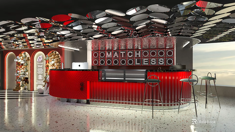 Contemporary Red Bar Interior Design With High Stools And Stylish Lighting Fixtures 3d model 