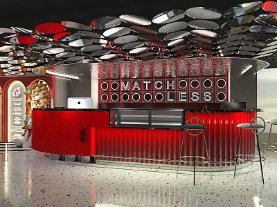 Contemporary Red Bar Interior Design With High Stools And Stylish Lighting Fixtures 3d model