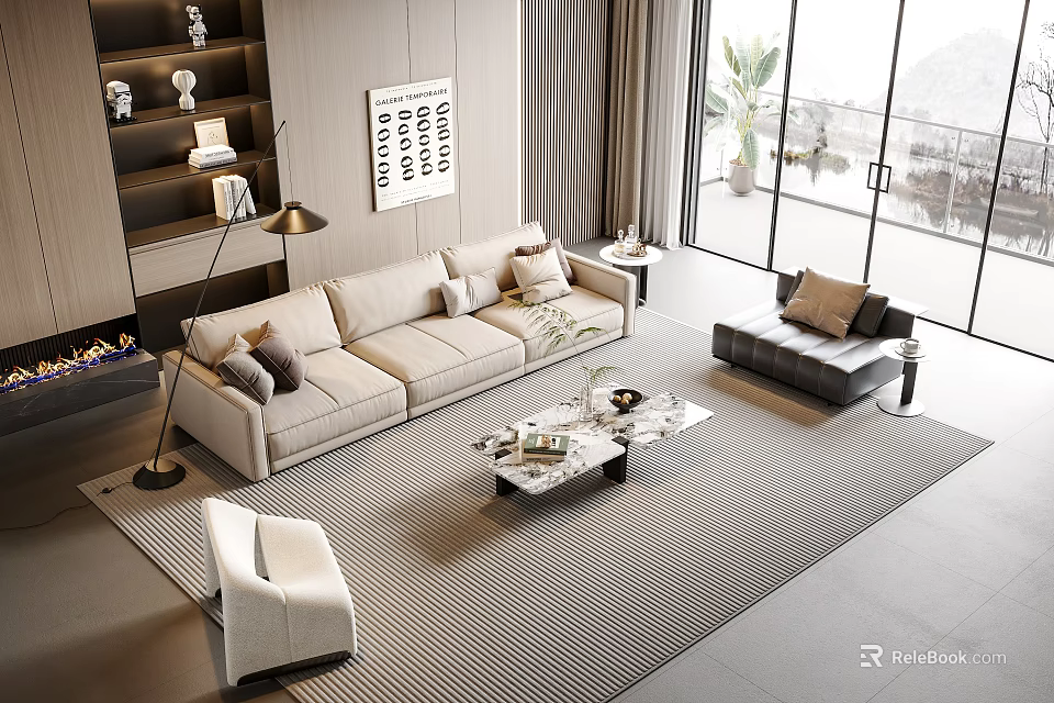 Modern Living Room Beige Sofa and Coffee Table Set with Area Rug and Floor-to-Ceiling Windows 3d model 