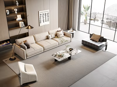 Modern Living Room Beige Sofa and Coffee Table Set with Area Rug and Floor-to-Ceiling Windows 3d model