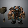 Muscular Man In Blue And Brown Outfit With Armor And Large Hammer Beside Him