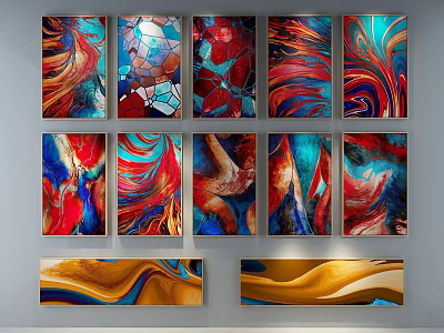 Vibrant Abstract Paintings With Red Blue Orange And Gold Fluid Patterns On Wall 3d model