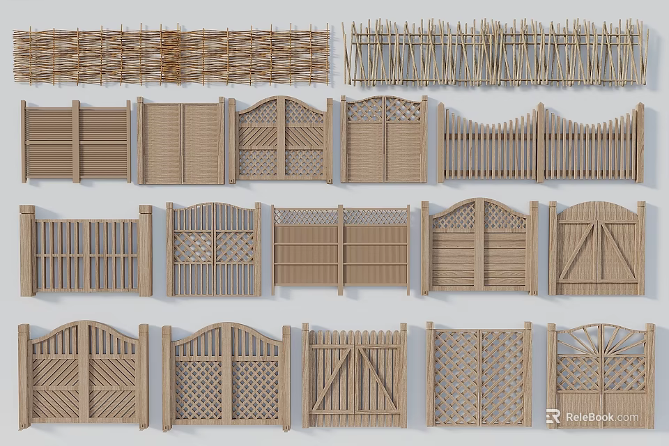 Various Wooden Garden Fences With Different Designs And Decorative Gates 3d model 